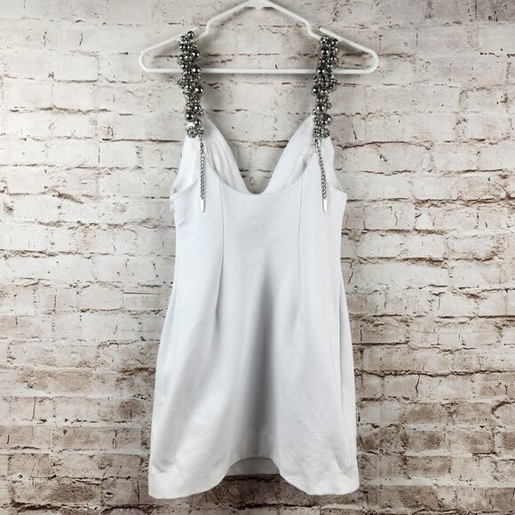 AREA Grape Cluster Dress in White Sleeveless Beaded Straps Medium Mini Deep V - Picture 7 of 14